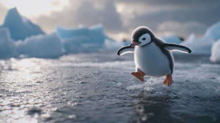 Fototapeta premium Baby penguin strides across icy terrain with icebergs and clouds in the background