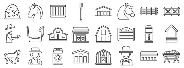 Farm stable icons set. Essential elements of horse care, featuring barns, stables, feed, tools, and dedicated farmers ensuring equine well being