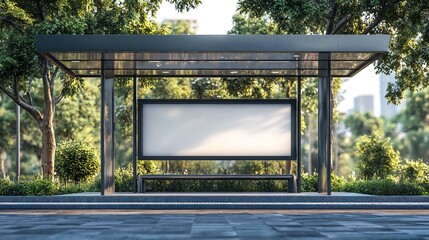 A modern bus stop with a blank white advertisement board.