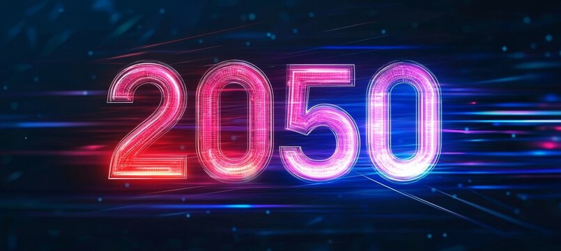Glowing Digital Number 2050 In Futuristic Style On A Dark Background With Light Streaks