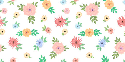 Floral seamless vector pattern in minimalist style pink blue yellow and a white background, delicate and pastel colors