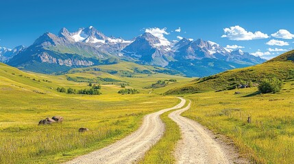 Winding dirt road through grassy valley towards snow-capped mountains on sunny day; travel poster
