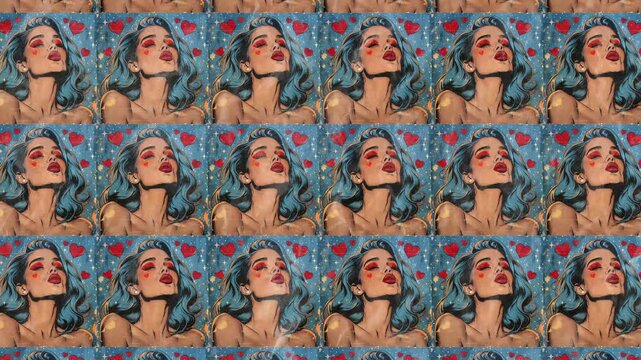  cartoon pop art style woman on grid collage pattern animation