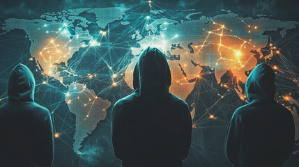 Obraz premium Hacker are planning to hack and attack networks and cyber security systems.team people innovation connection of line from nail node to node on map background , networking concept