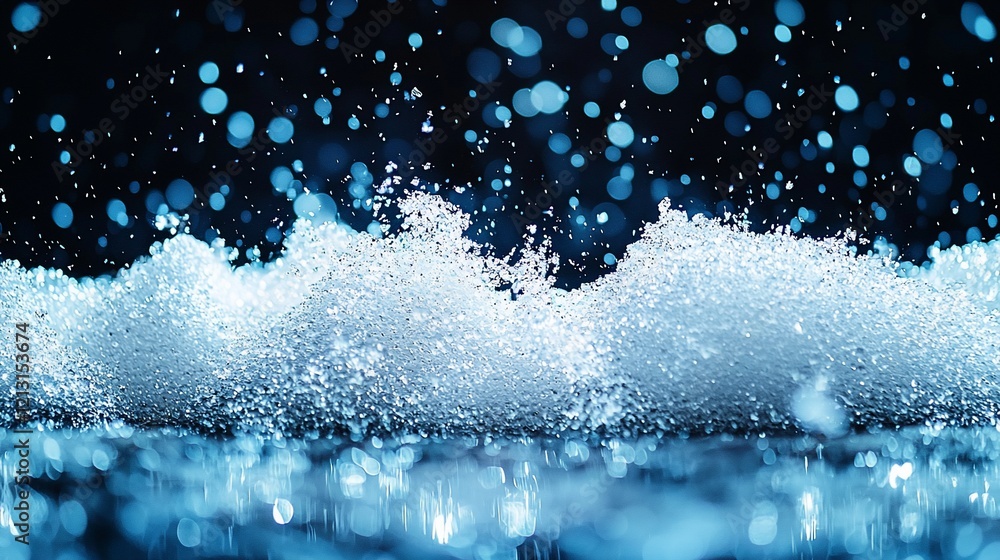 Poster sparkling blue wave with bokeh lights.
