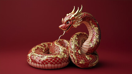 Obraz premium 3d render of and gold snake. Statuette, snake, , background gold, art. Art of snake in red and gold. A statuette of a snake in gold and red on a red background. A red dragon lifestyle.
