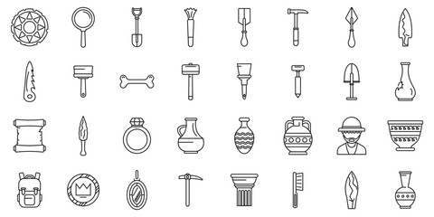 Excavation tools icons set. Essential tools and artifacts used in archaeological excavations, uncovering ancient civilizations and historical treasures