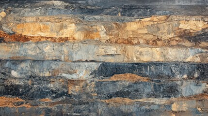 Obraz premium A wide-angle shot of a vast open-pit mine, with layers of earth and machinery in motion. 