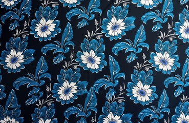Floral batik pattern fabric. Design features blue flowers, leaves on dark navy background. Pattern repeated creating over textile design. Looks like traditional batik textile from Asia. Perfect for
