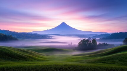 Naklejka premium Majestic conical mountain rises above misty green valleys and rolling hills under a colorful sunrise sky.
