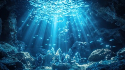 Breathtaking view of an underwater cave filled with shimmering sunlight rays and a diverse array of captivating marine life creating a sense of wonder and tranquility