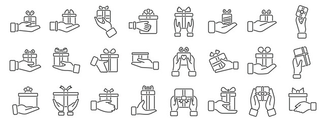 Hands holding gift box icons set. Set of linear icons representing hands giving or receiving gift boxes, perfect for representing concepts like holiday celebration, charity donation, and present