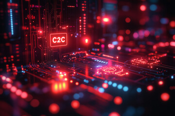 "C2C" with a vibrant red background, showcasing icons of peer-to-peer exchanges, products, and digital transactions. Bright lighting, contrast