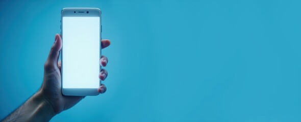 Minimalist hand holding a smartphone mockup with a blank screen for banner or app purposes.