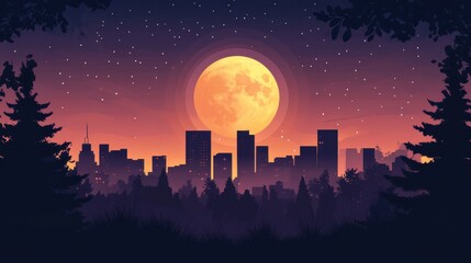 City Skyline Underneath a Large Orange Moon at Night