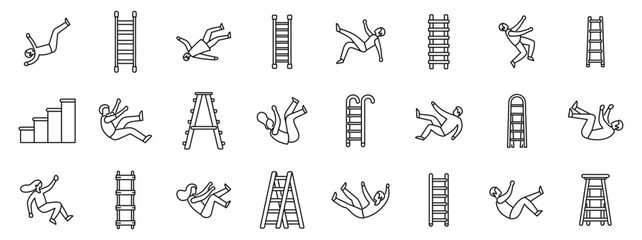 People falling down stairs icons set. Collection of line icons representing people falling from ladders and stairs, highlighting workplace accidents and safety issues