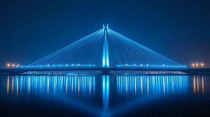 Obraz premium The bridge is shown at night with blue lights illuminating its cables and towers.