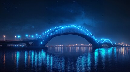 Obraz premium the beautiful illuminated bridge over the water at night.