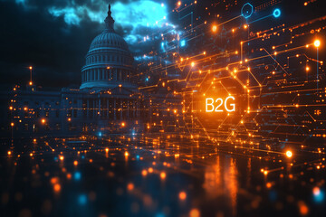 "B2G" in sophisticated gray and gold, with abstract government building icons and digital networks. Bright lighting, contrast