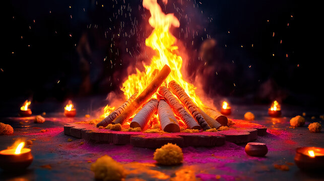 Fire in Bonfire Burning for Choti Holi or Holika Dahan Celebration Outdoors at Night 
