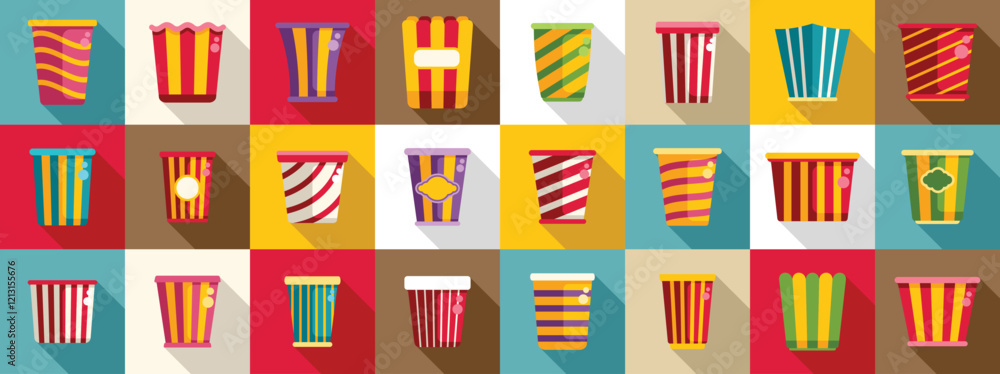 Poster bucket popcorn icons set. colorful popcorn buckets and boxes pattern representing cinema snacks and 