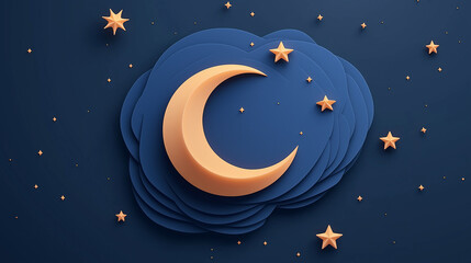 Fototapeta premium Crescent moon and stars on a dark blue background.