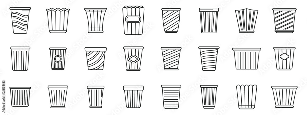 Poster bucket popcorn icons set. set of popcorn bucket icons representing various snack containers with dif