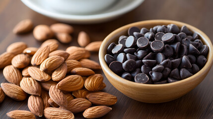Fototapeta premium Almonds and a small bowl of dark chocolate chips placed on a polished wooden surface with a cup of coffee in the background.