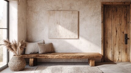 A rustic and earthy entryway featuring natural materials and neutral tones.