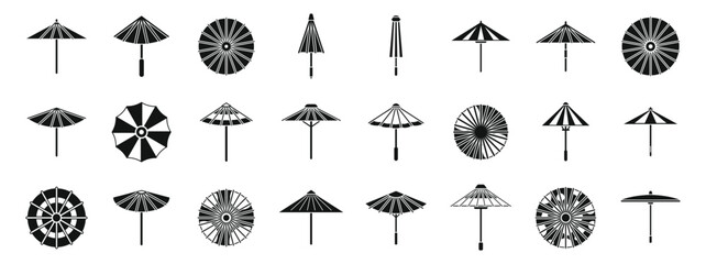 Japanese umbrella icons set. Traditional japanese umbrellas, showcasing diverse designs and patterns, provide protection from sun and rain © anatolir