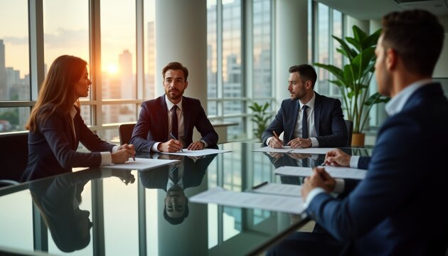 Business people in elegant suits gather around shiny glass table in modern office. Serious meeting. Documents in front of, people talking, taking notes. Business meeting in bright office with city
