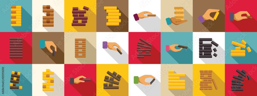 Aufkleber wood stack balances game icons set. set of icons representing people playing block stacking game, bu