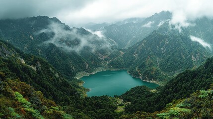 Obraz premium Mountain lake, autumn mist, aerial view, travel poster