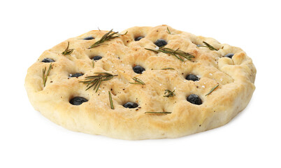 Delicious focaccia bread with olives and rosemary isolated on white