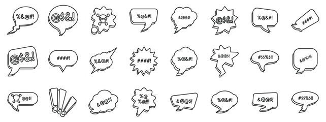 Swear speech bubble icons set. Collection of speech bubbles with censored curse words expressing anger and frustration