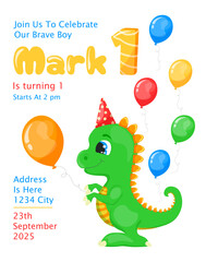 Birthday Invitation for a Boy with a Dinosaur. Turning 1. on white background