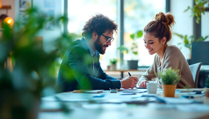 Two focused colleagues collaborating on a project in office