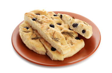 Slices of delicious focaccia bread with olives and rosemary isolated on white