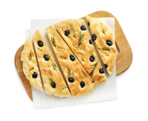 Slices of delicious focaccia bread with olives and rosemary isolated on white, top view