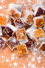 Sweet food Turkish delight, assorted rahat locum in form of cubes with nuts and powdered sugar, traditional food