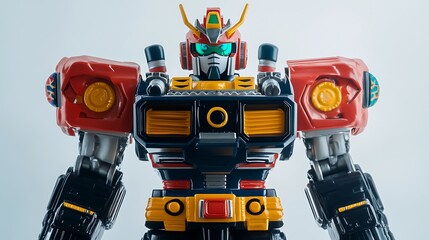 Classic old-fashioned toy robot with colorful details against a white backdrop