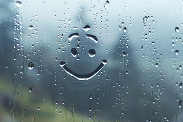 A smiley face is drawn on a wet window with raindrops outside. Concept of simplicity and positivity. For illustration of optimism.