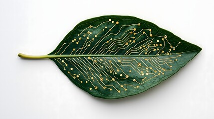 Vibrant green leaf featuring intricate gold circuitry designs against a clean background