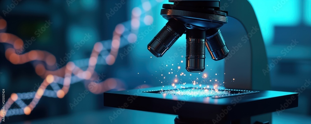 Aufkleber Advanced tech equipment in bio lab visualizes modified DNA strands under microscope. Modern biotech lab shows DNA transformation. Precise synthesis displays strands on digital screen. Scientific