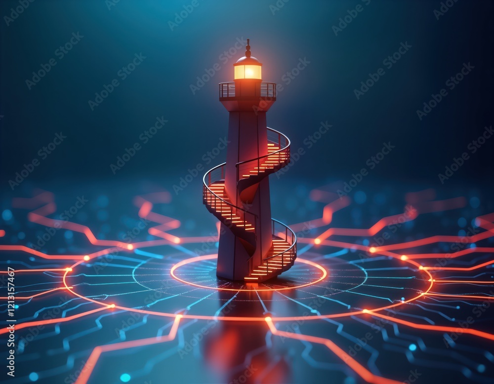 Aufkleber Futuristic lighthouse stands on network of glowing lines. Digital glow around structure. Lighthouse glows with light. Abstract design. Suggests guidance in tech future. Modern tech concept.