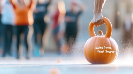 Autumn fitness training with pumpkin shaped kettlebell promoting healthy lifestyle motivation