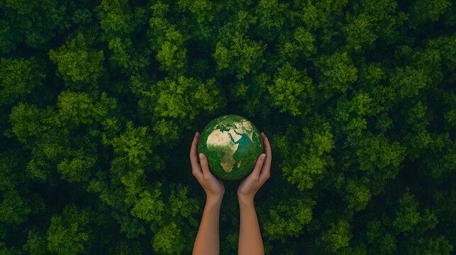 Hands holding globe on green nature forest background