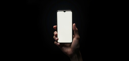 Hand holding a smartphone mockup with a blank screen for banner or app design on a black background.