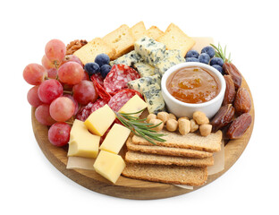 Different types of delicious cheese and other snacks isolated on white