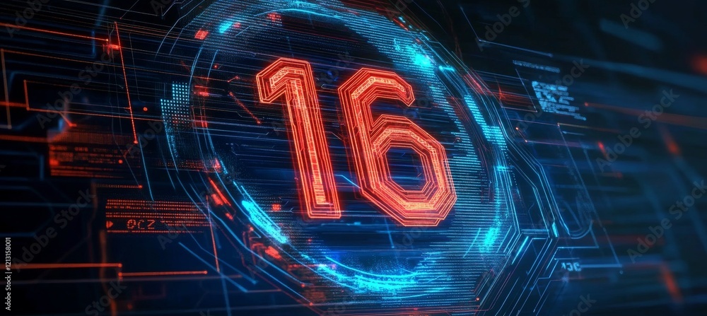 Aufkleber glowing digital 3d number 16 in a futuristic style on a digital abstract technology background